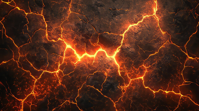 Ground cracks with red glow of fire or magma inside. Vector realistic set of lightning, electric impacts or cracks with magic light in land in top view isolated on black background