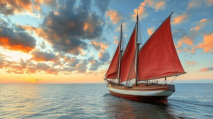 Naklejka premium Majestic Sunset Sailboat Voyage Dramatic Ocean Scene