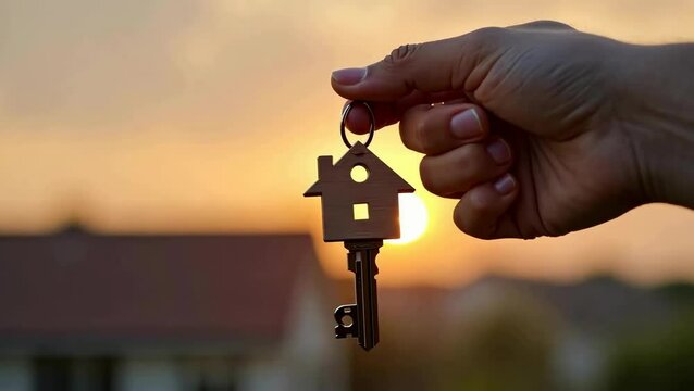 The hand holds a key with a keychain from the house. There is a blurry image of a house and a sunset sky in the background.