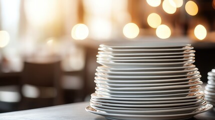 Stacked White Plates on Table with Warm Bokeh Background