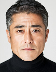 Obraz premium Photograph of a handsome Japanese man with a smooth, short haircut against a white background.