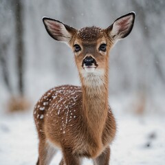 Obraz premium A baby deer with big, innocent eyes standing shyly on a pure white surface.