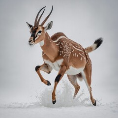 A beautiful gazelle in mid-leap, captured in stunning detail against a white backdrop.
