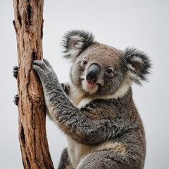 Naklejka premium A sleepy koala hugging an invisible tree trunk, resting peacefully on a white backdrop