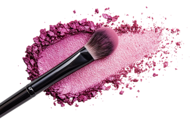 Makeup brush with pink crushed powder, isolated on transparent cutout background