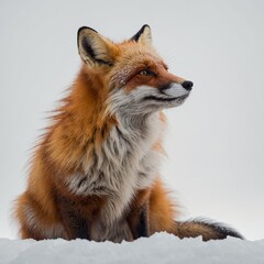 A delicate red fox standing with its fluffy tail curled elegantly against a white backdrop.