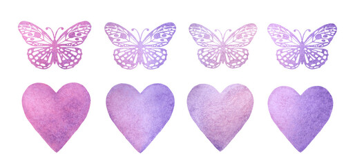 Set of watercolor hearts and butterflies isolated on white background