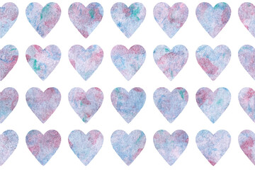 Seamless pattern with watercolor hearts. Watercolor blue violet background.