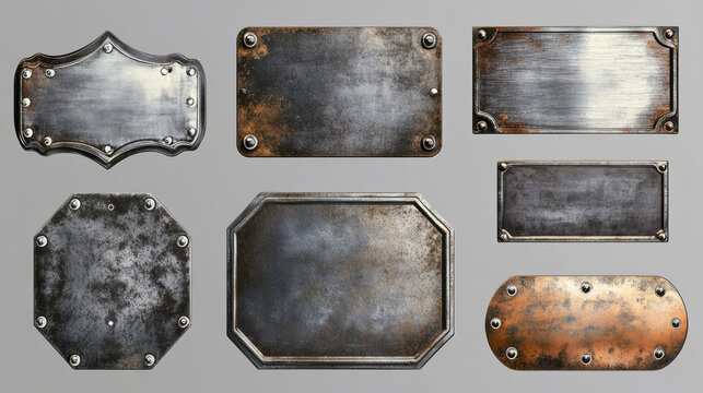 Old metal plates, steel signboards with screws isolated on transparent background. Vector realistic set of blank vintage shabby silver name plaques, sign boards different shapes with spalls