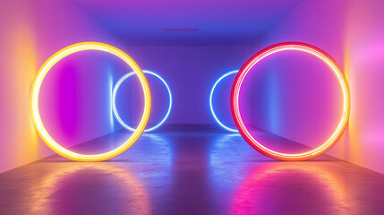 Set of futuristic neon portals on transparent background. Realistic vector illustration of round square holographic gate glowing in yellow, red, purple, blue. Virtual reality, cyber space podiums