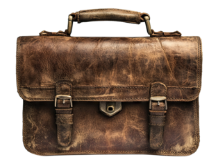 Vintage brown leather briefcase with aged texture and metal clasps, isolated on transparent cutout background
