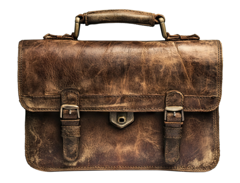 Vintage brown leather briefcase with aged texture and metal clasps, isolated on transparent cutout background