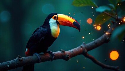Obraz premium Toucan perches on a branch illuminated by fireflies, night, entomology