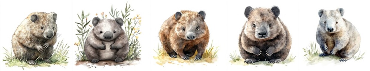 Fototapeta premium A collection of cute wombats in various playful poses amidst greenery. Watercolor illustration,