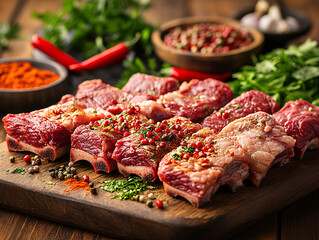 Obraz premium a variety of raw meat slices, including steaks and chops, arranged on a black plate with herbs, spices, garlic, and tomatoes as garnishes.