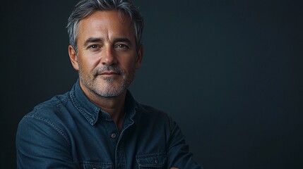 Obraz premium Mature Man Portrait Wearing Denim Shirt Against Dark Background