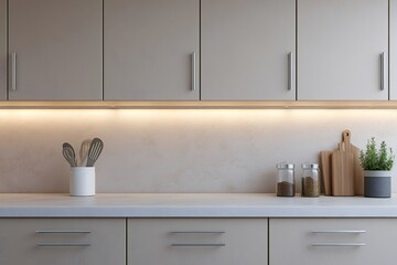 Modern minimal kitchen interior with led strip lights illuminating countertop