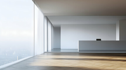 Obraz premium Modern minimalist office interior design with large windows offering a stunning city view. Sunlight streams in, illuminating the sleek reception desk and hardwood floors.