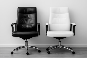 The concept of choice, challenge and partnership. Black and white office chairs stands against each other