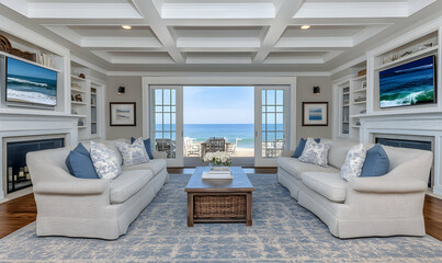 Luxurious beachfront living room with ocean view, featuring coffered ceilings, plush sofas, and built-in shelving.