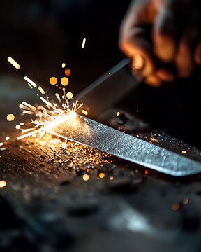 knife maker sharpening custom handmade blade, creating sparks and showcasing craftsmanship
