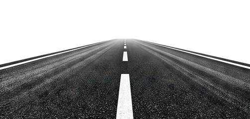 Straight asphalt road with white markings, isolated on transparent cutout background