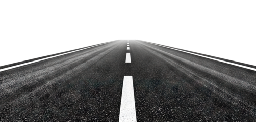 Straight asphalt road with white markings, isolated on transparent cutout background