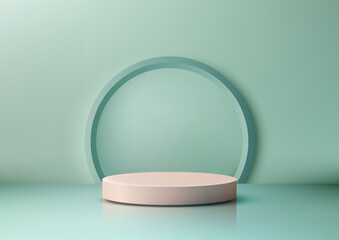 pastel pink cylindrical pedestal on mint green surface, light blue arched frame, soft dreamy 3d geometric design