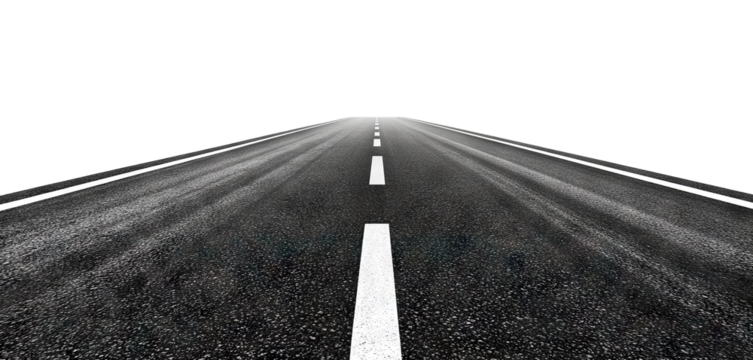 Straight asphalt road with white markings, isolated on transparent cutout background