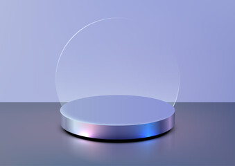 minimalist modern 3d metallic cylindrical platform with lilac hues and translucent glass screen