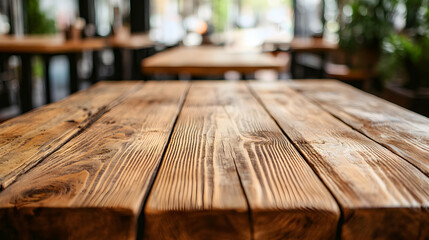 Rustic wooden table top in a blurred cafe background, ideal for product placement or food photography.  Showcase your products on this authentic texture.