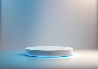 minimalist white cylindrical pedestal in spotlight, gradient blue gray backdrop, product display mockup