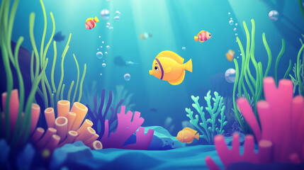 Fototapeta premium Sea life cartoon banner with cute tropical fishes at coral reef underwater background for game or book cover. Marine ocean animals, undersea wildlife with seaweeds grow at rocks, Vector illustration