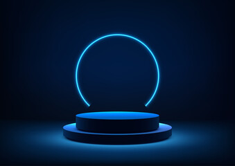 modern glowing neon blue 3d cylinder podium with ring, minimalist technology concept, dark background