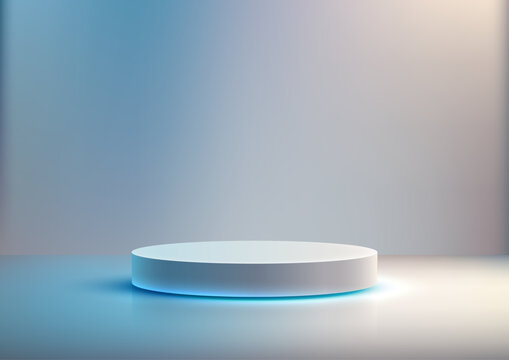 minimalist white cylindrical pedestal in spotlight, gradient blue gray backdrop, product display mockup