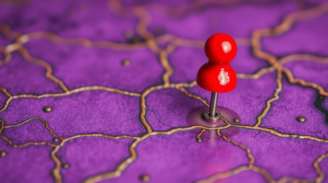 Destination pinpointed on stylized purple map with gilded continental lines