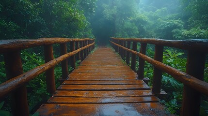 Obraz premium Mystical Pathway, Foggy Bridge Crossing a Lush, Verdant Forest Landscape