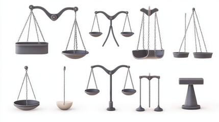 Set of seesaw, metal swings, teeter-totter, balanced and unbalanced teeterboards with round and triangular base. Weightiness scales isolated on white background. Realistic 3d vector illustration