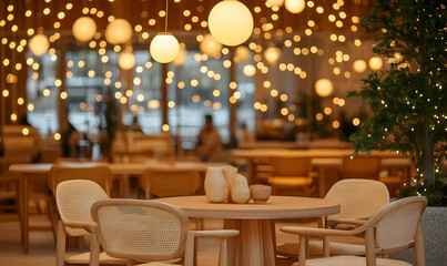 Cozy restaurant interior with warm lighting, wooden furniture, and string lights creating a romantic ambiance. Perfect for showcasing a relaxing dining experience.