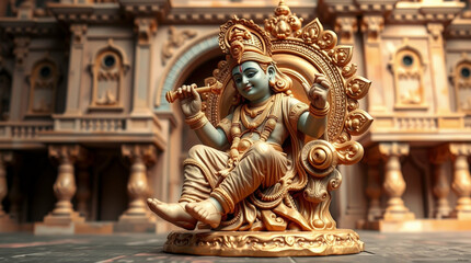 Fototapeta premium Divine Serenity , A Golden Krishna Statue Amidst Ancient Architecture