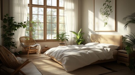 Fototapeta premium Bright and airy bedroom interior with natural light and plants