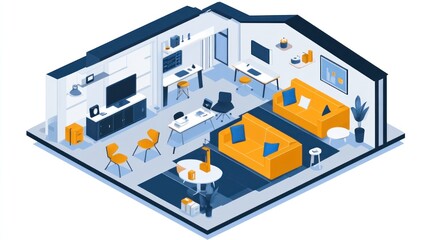 Obraz premium Modern Open Plan Living Space Design: Isometric Illustration of a Stylish and Functional Home Office and Living Area