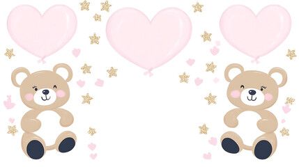 Adorable Teddy Bears with Pink Heart Balloons and Golden Star Decorations Sweet Baby Illustration