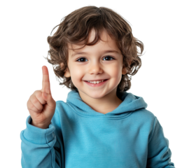 Smiling curly-haired child pointing up, isolated on white background