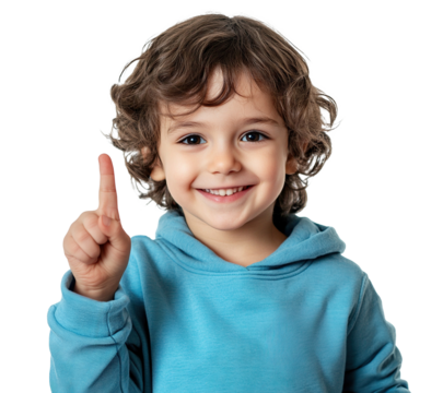 Smiling curly-haired child pointing up, isolated on white background