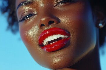 Obraz premium Close-up of a woman with vibrant red lipstick and glowing skin