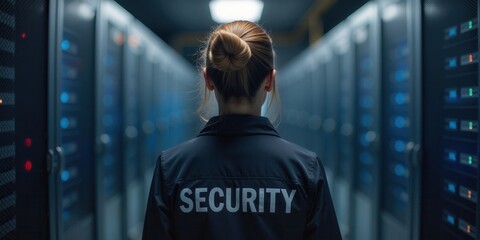 Adult Caucasian woman, security guard in server room,  cybersecurity concept.