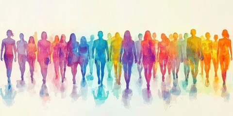 Obraz premium Group of diverse silhouetted figures in colorful artistic composition with reflections
