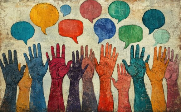 Vibrant illustration of raised hands with speech bubbles emphasizing diversity