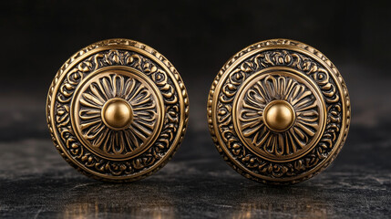 Naklejka premium Realistic gold door knocker handles, golden ring knobs, shiny vintage metal doorknob, element for interior or exterior design isolated on transparent background, 3d vector illustration, icon, clipart